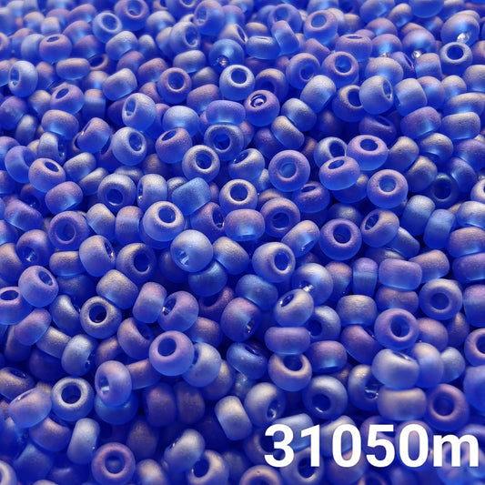 PRECIOSA 10/0 Transparent Matte Blue Rainbow Seed Beads – Close-up of round Czech glass beads for beading and embroidery