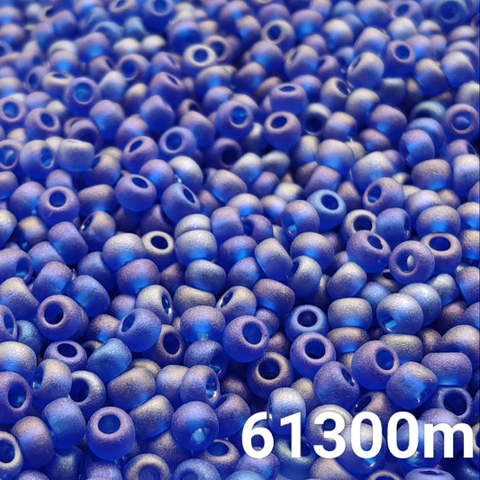 Transparent frosted rainbow navy blue Preciosa 10/0 seed beads close-up