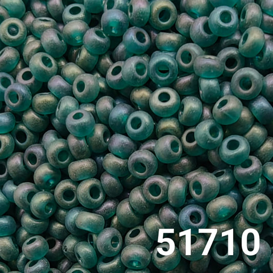 Close-up of Preciosa Transparent Matt Teal Green AB seed beads 10/0
