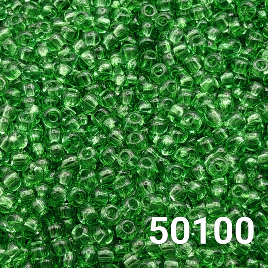 Close-up of high-quality Czech glass seed beads 10/0 Transparent Peridot color by Preciosa Ornela