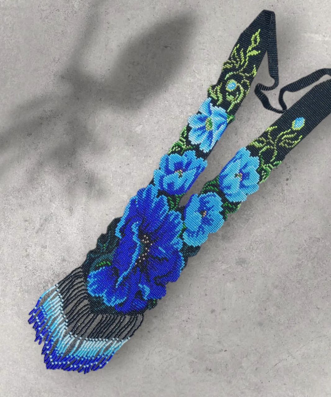 Handmade beaded necklace «Blue Poppies» with floral pattern