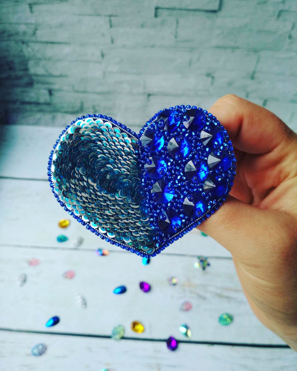Handmade brooch Blue Heart with crystals and sequins