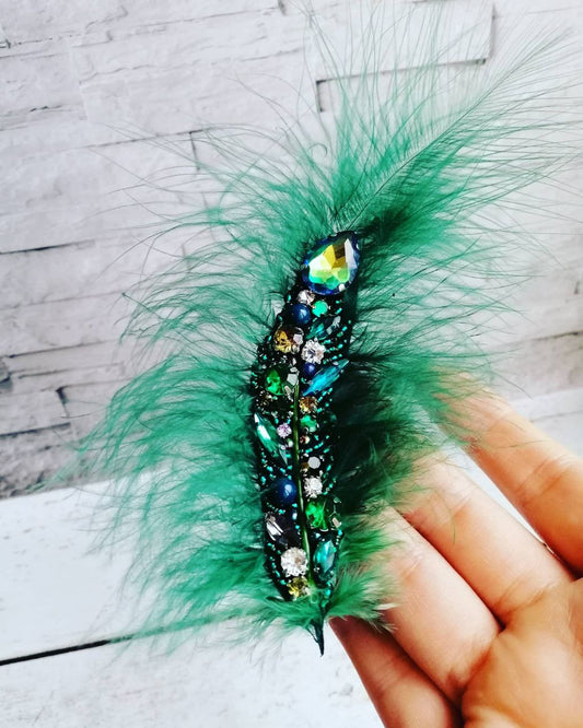 Handmade brooch with emerald feathers and crystals