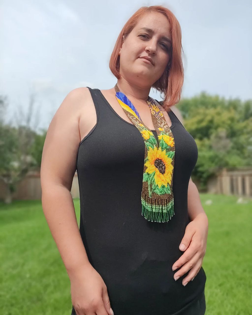 Handmade seed bead gerdan on model, folk statement necklace