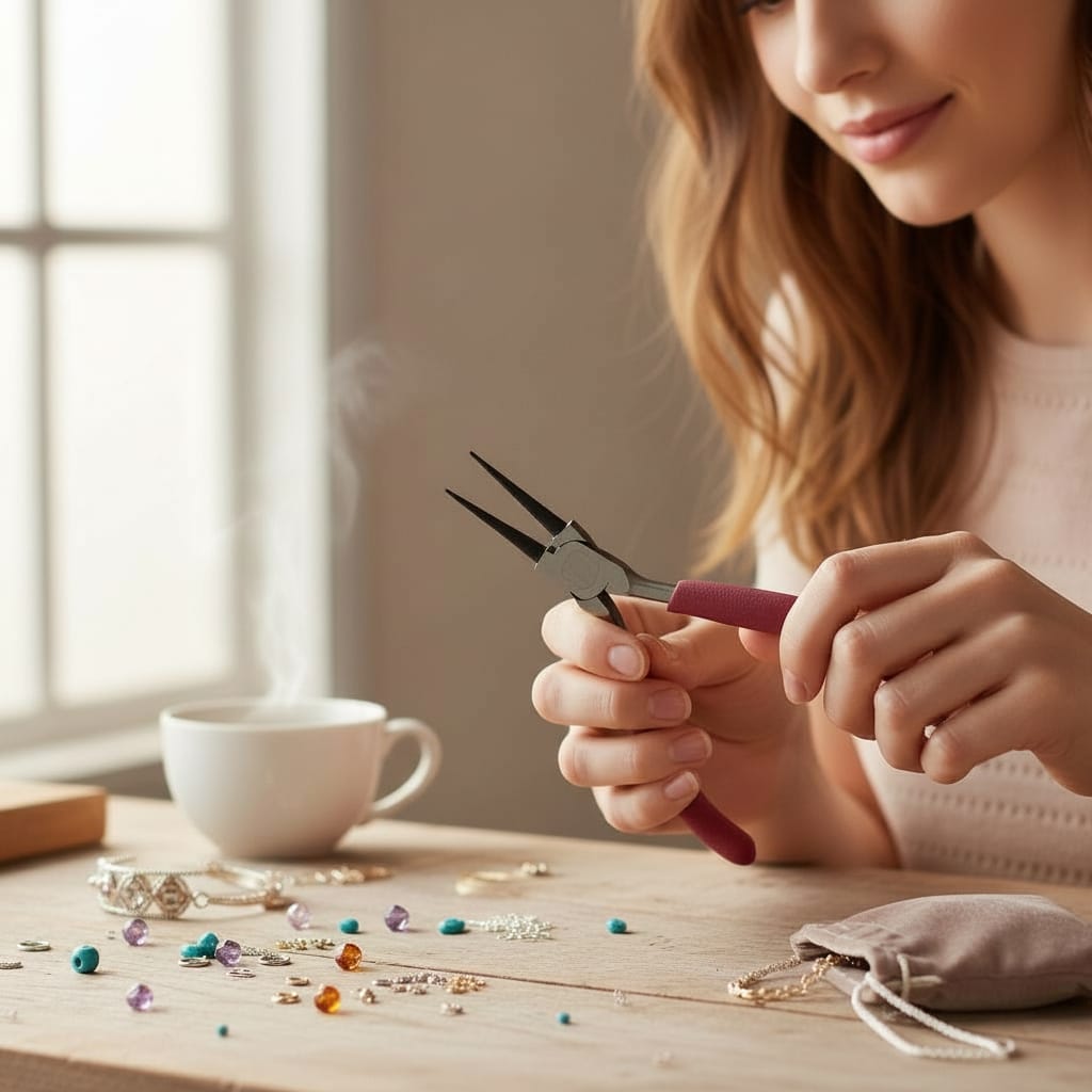 Jewelry maker shaping wire with round nose pliers at a craft table