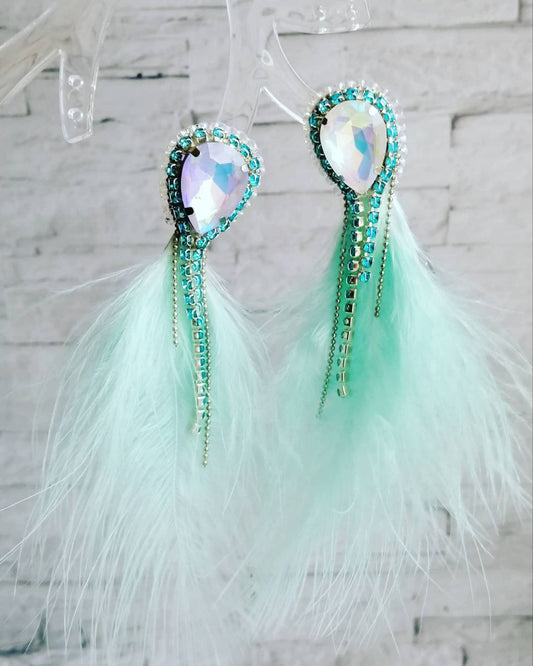 Long earrings with aqua feathers and rhinestones