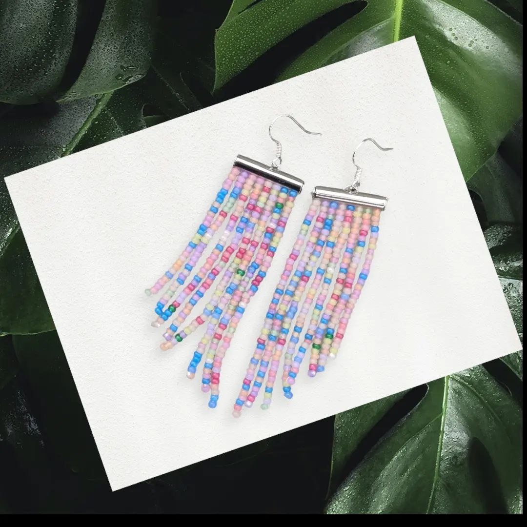 Long pastel seed-bead earrings with silver-plated hooks