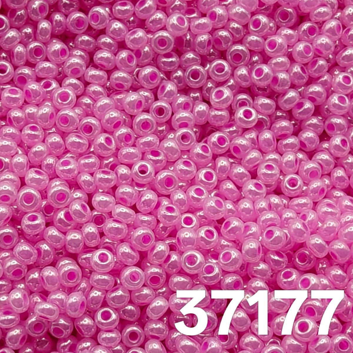 Macro close-up of Preciosa 10/0 Pearlized Ceylon Pink (37177) round seed beads — luminous candy-pink with satin ceylon luster, Czech glass.