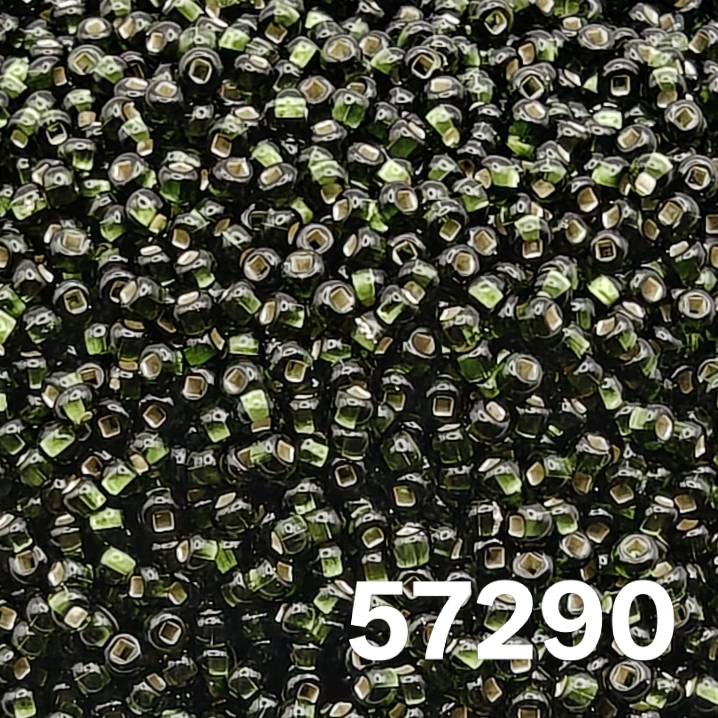 Macro of Preciosa 10/0 Silverlined Dark Olivine seed beads, square hole, code 57290 – deep green sparkle