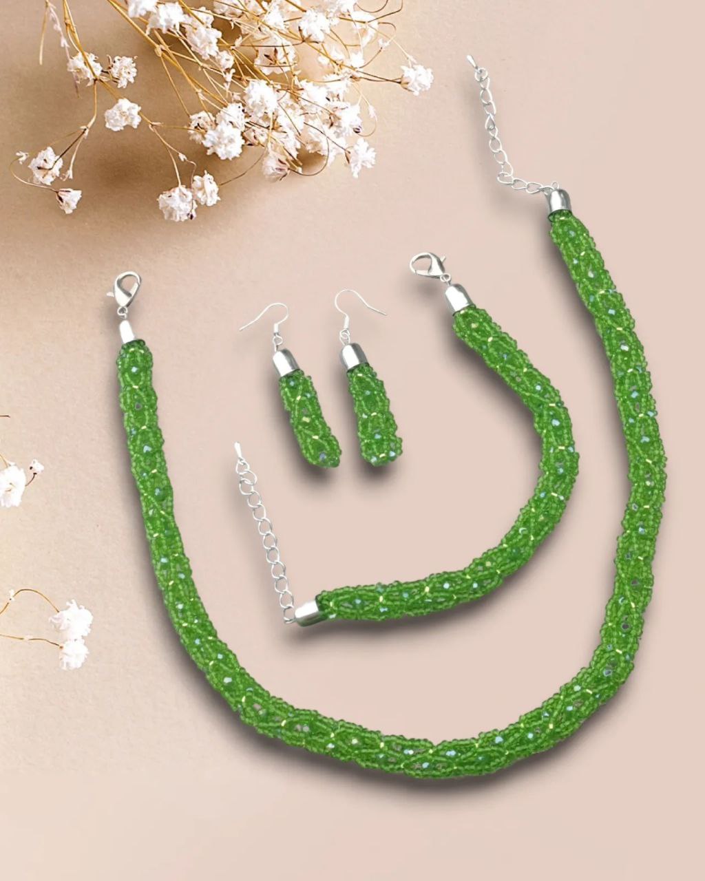 Matching green beaded jewelry set — earrings, bracelet and choker with extender