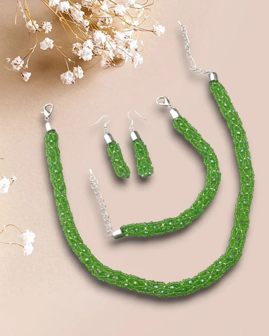 Matching green beaded jewelry set — earrings, bracelet and choker with extender
