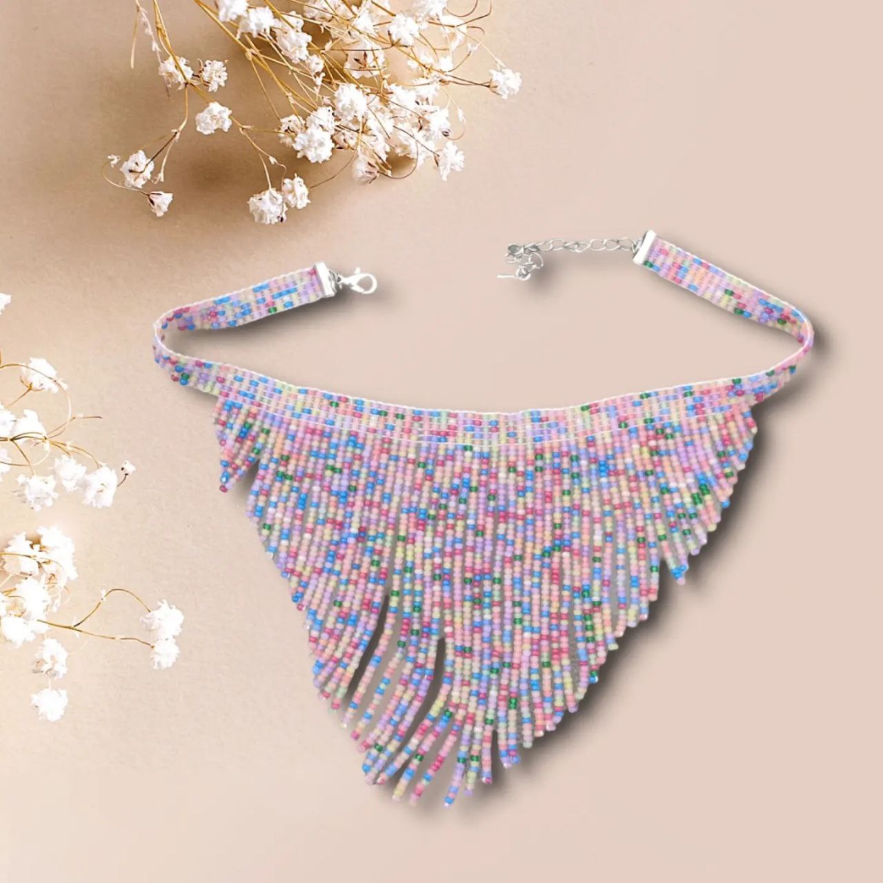 Pastel fringe necklace handcrafted with Czech Preciosa seed beads and silver-plated findings