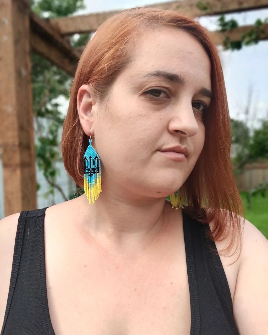 Patriotic Ukraine Trident seed bead fringe earrings