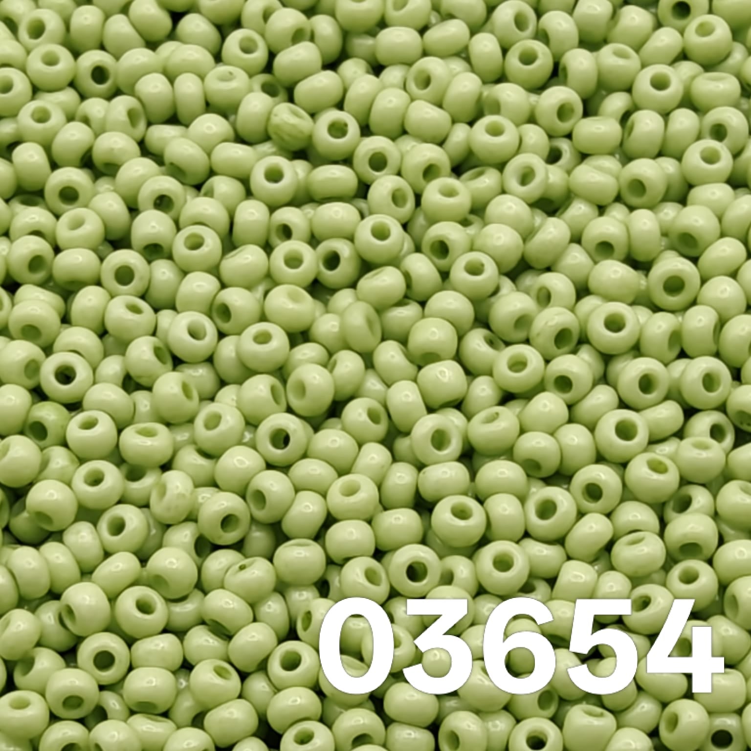 Preciosa 10/0 Czech seed beads — Solgel Chalk Green (03654), soft mint/sage.