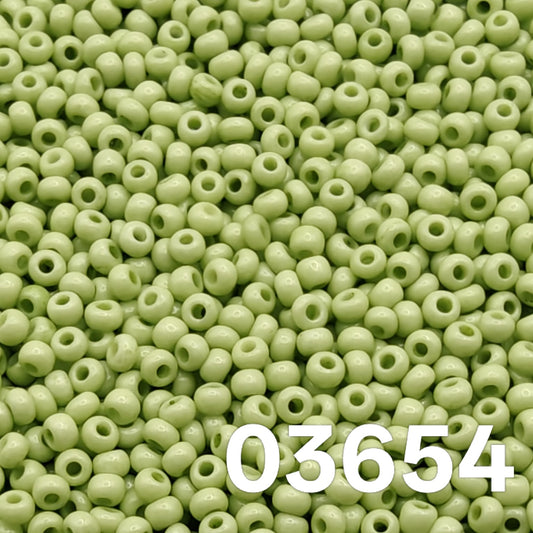 Preciosa 10/0 Czech seed beads — Solgel Chalk Green (03654), soft mint/sage.