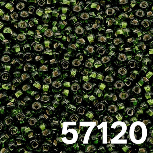 Preciosa 10/0 Silverlined Light Emerald 57120 — round Czech seed beads close-up