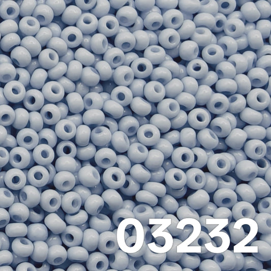 Preciosa 10/0 Solgel Chalk Blue seed beads 03232 — close-up view of uniform Czech glass rounds.