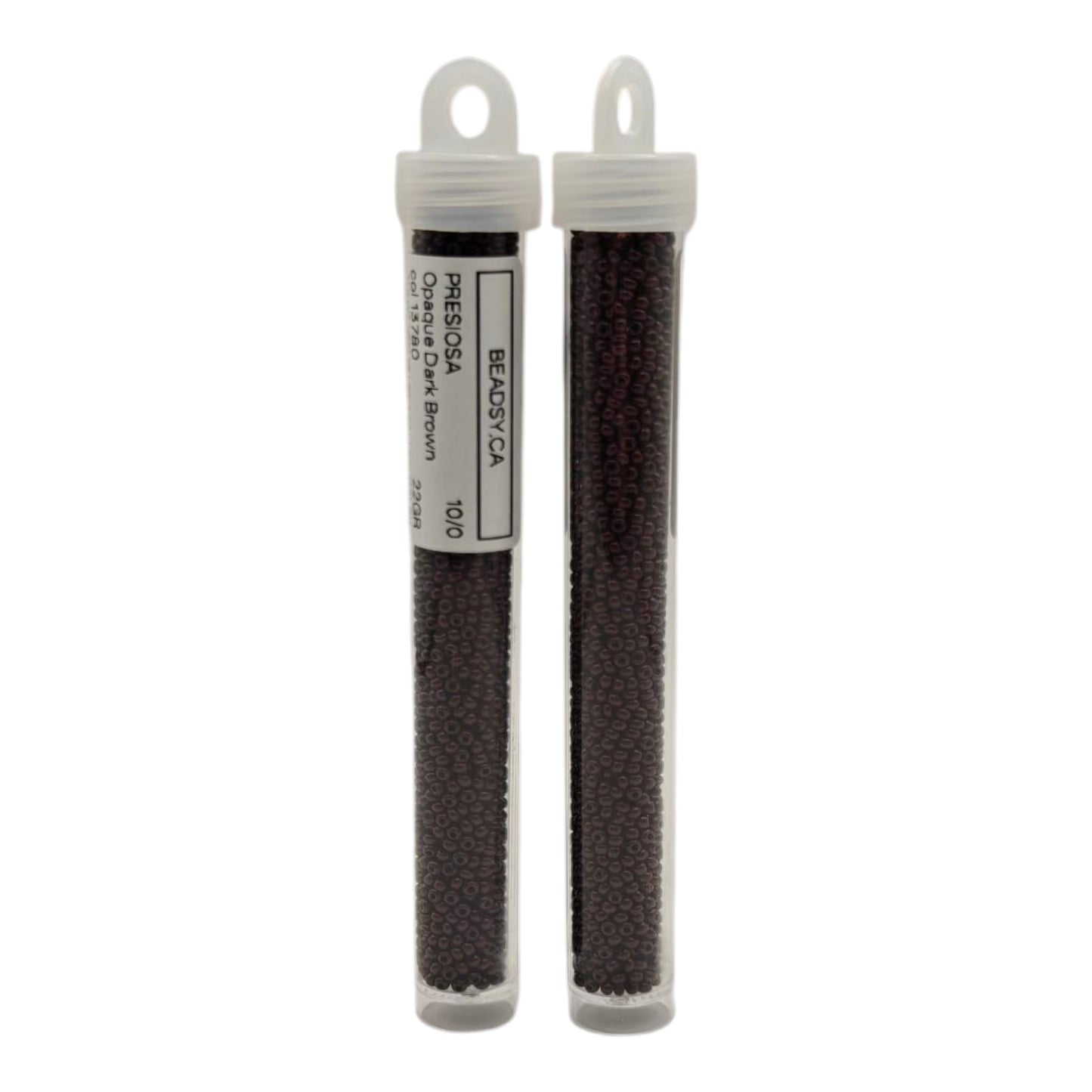 Preciosa 10/0 opaque dark brown 13780 seed beads in clear plastic tubes Beadsy.ca packaging