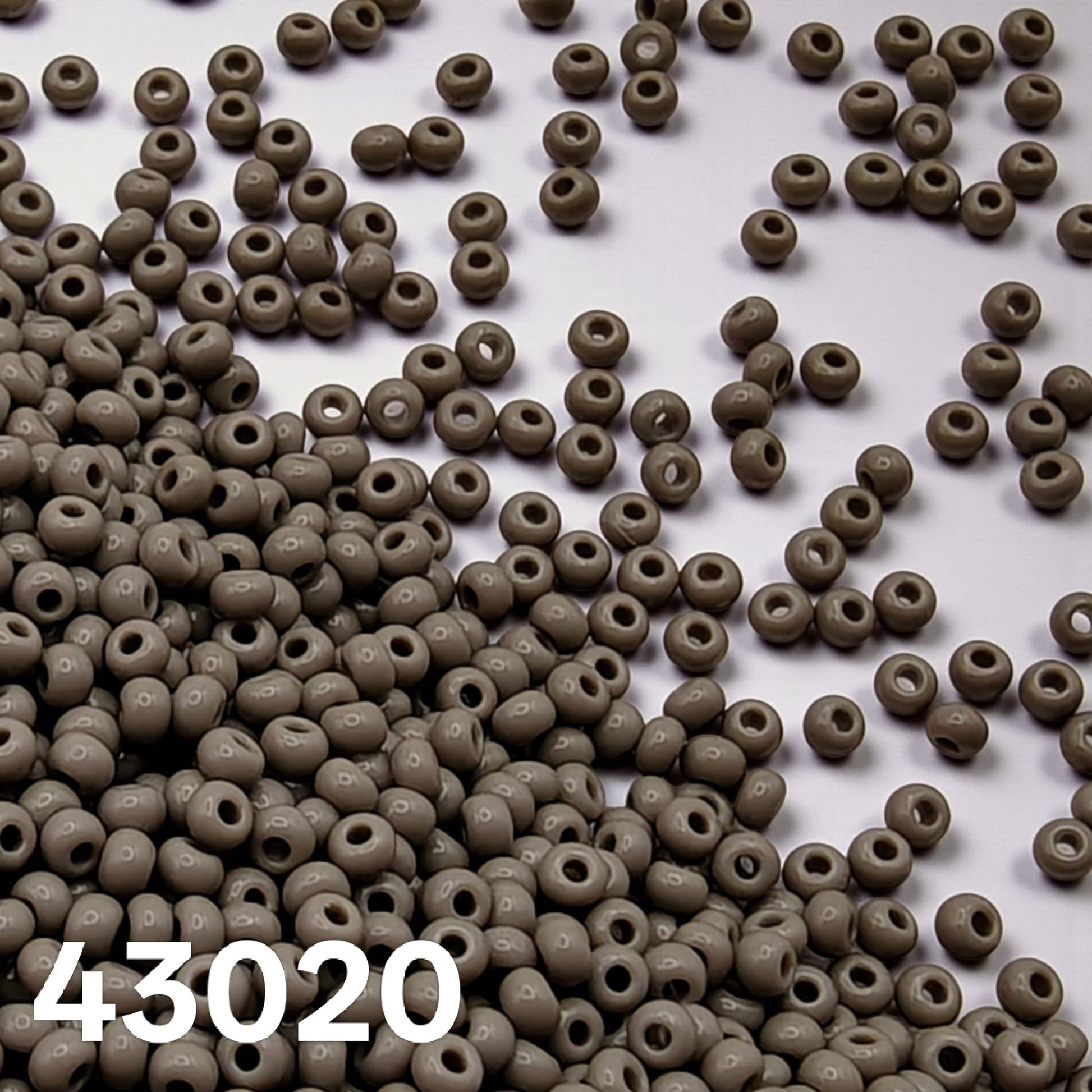 Preciosa 10/0 opaque grey seed beads colour 43020 scattered on white background
