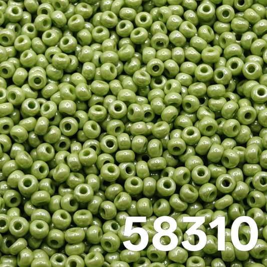 Preciosa Czech seed beads 10/0 Opaque Luster Pale Green 58310 — round glass beads close-up for bead weaving and embroidery