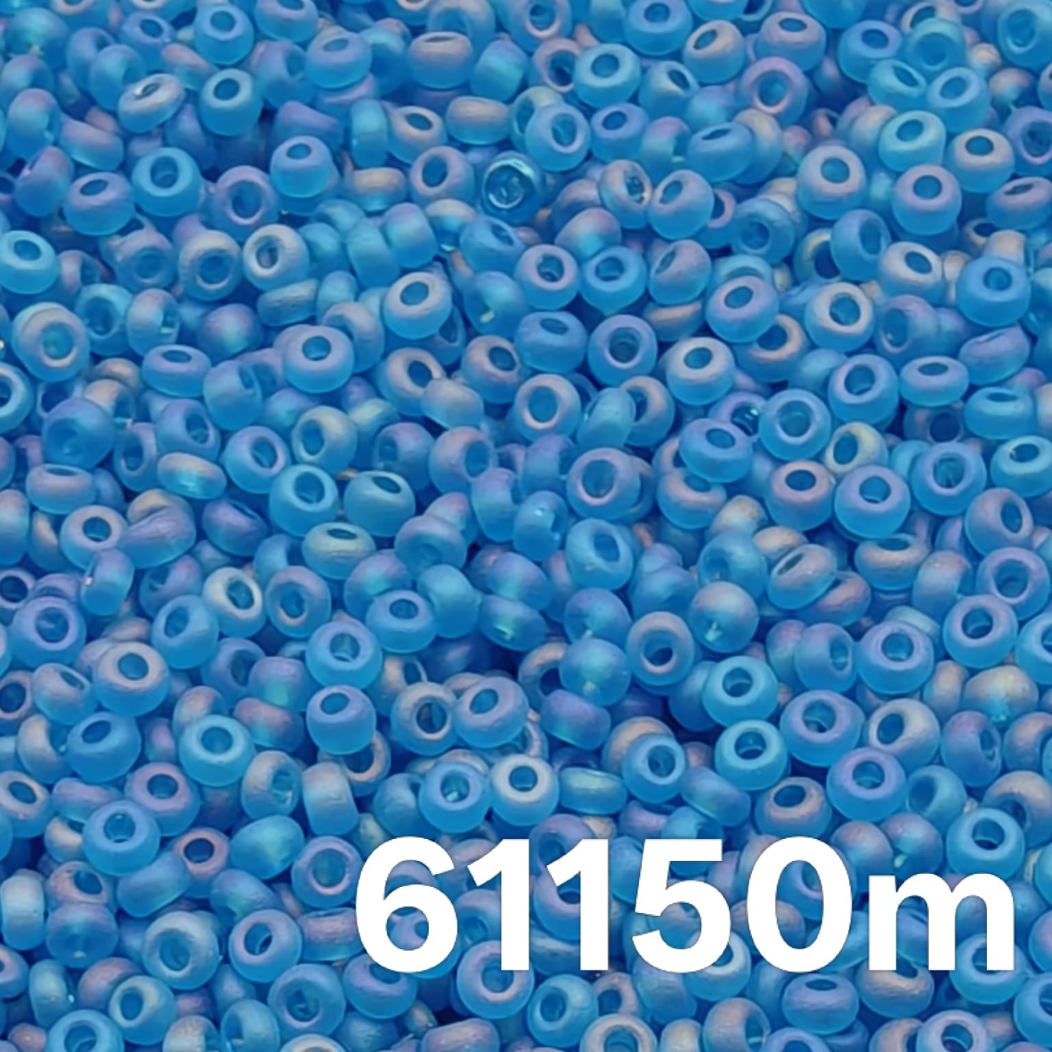 Preciosa Ornela 10/0 Transparent Matte Dark Aqua AB seed beads (61150m) — close-up macro of round Czech glass beads with frosted rainbow finish.