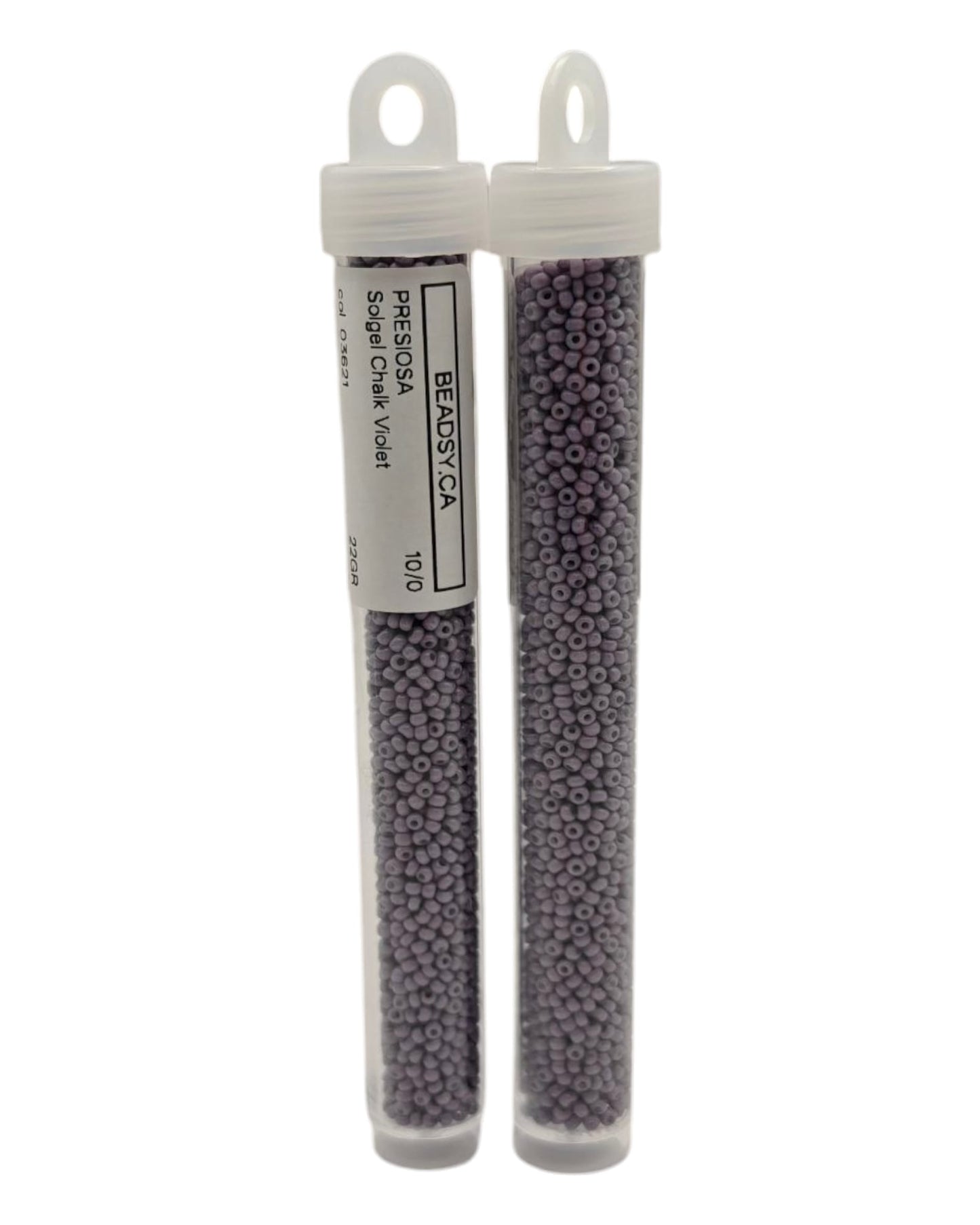 Product shot: Two tubes of 10/0 Chalk Violet Czech seed beads (Solgel line), code 03621 — Beadsy
