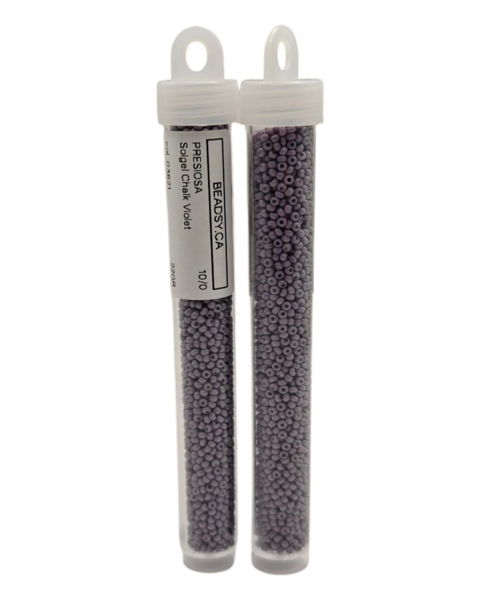 Product shot: Two tubes of 10/0 Chalk Violet Czech seed beads (Solgel line), code 03621 — Beadsy