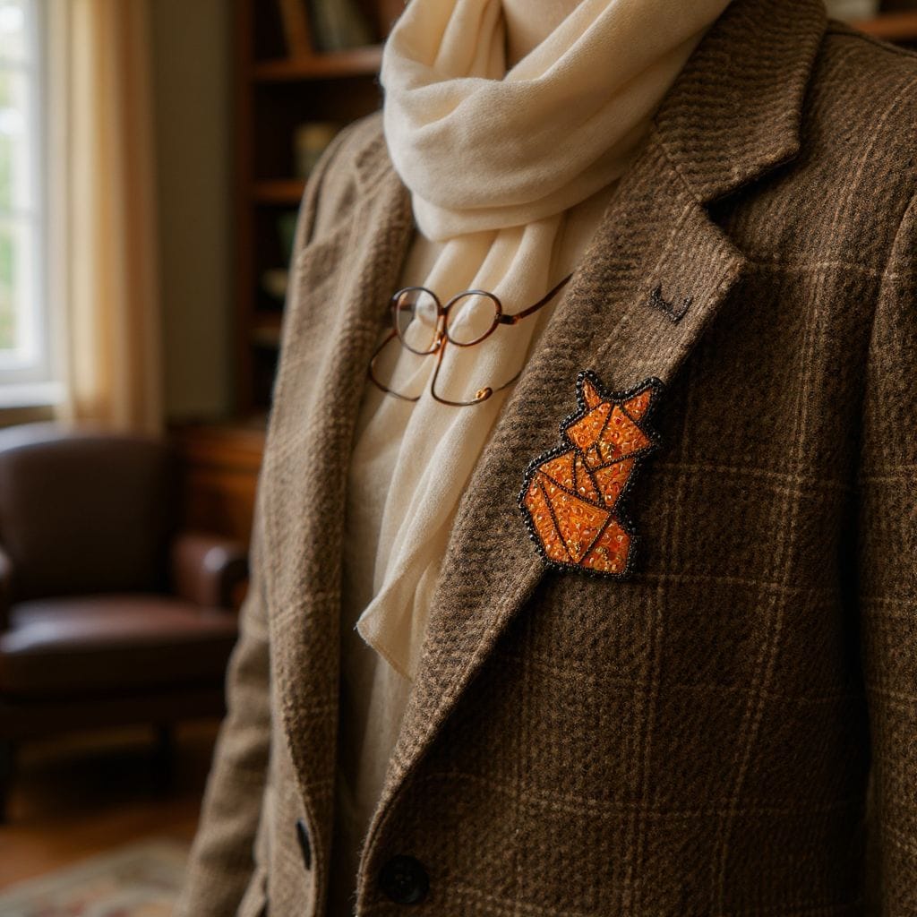 Stylish fox pin on checked blazer