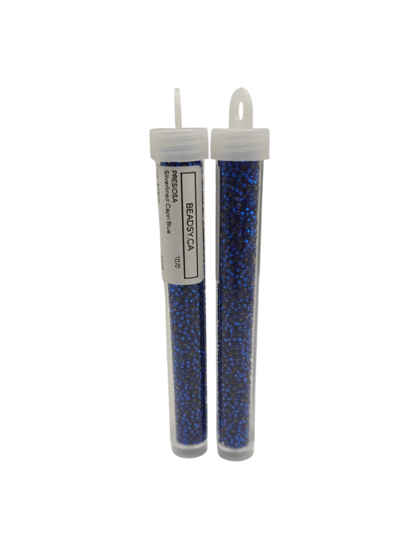 Tube packaging of Preciosa 10/0 Silverlined Capri Blue seed beads 67300