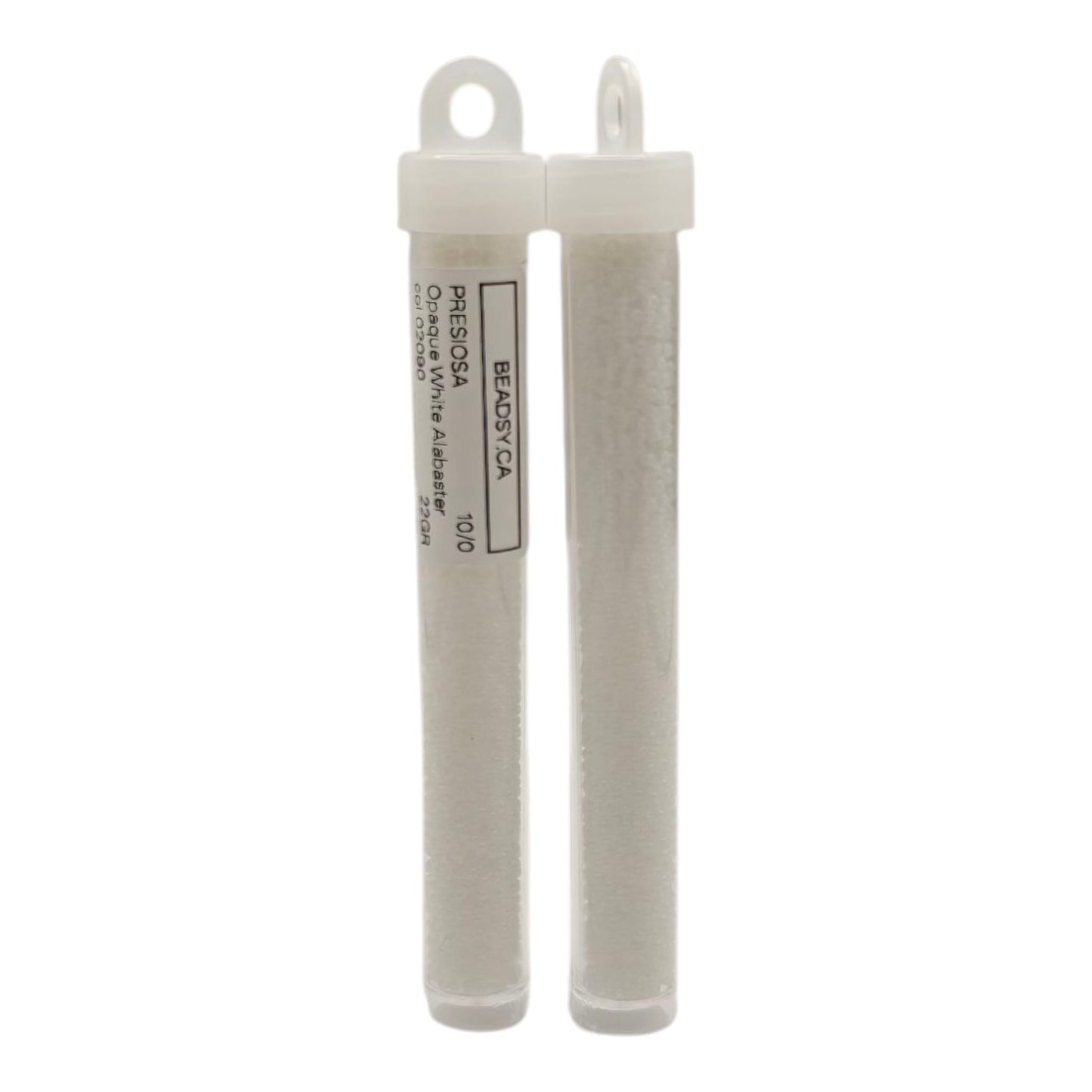 Tube packaging with Preciosa 10/0 opaque white alabaster seed beads colour 02090 from Beadsy.ca