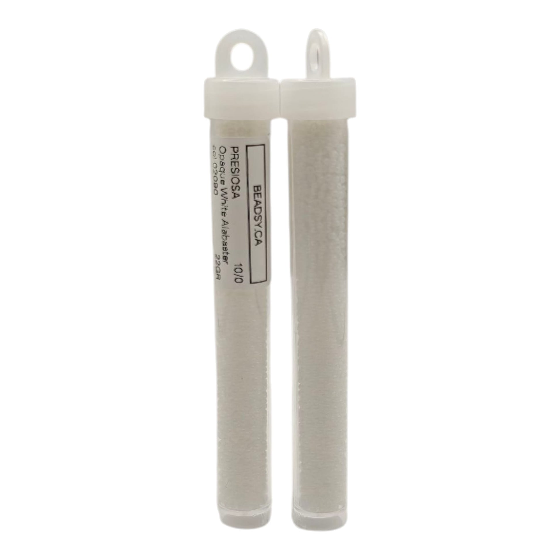 Tube packaging with Preciosa 10/0 opaque white alabaster seed beads colour 02090 from Beadsy.ca