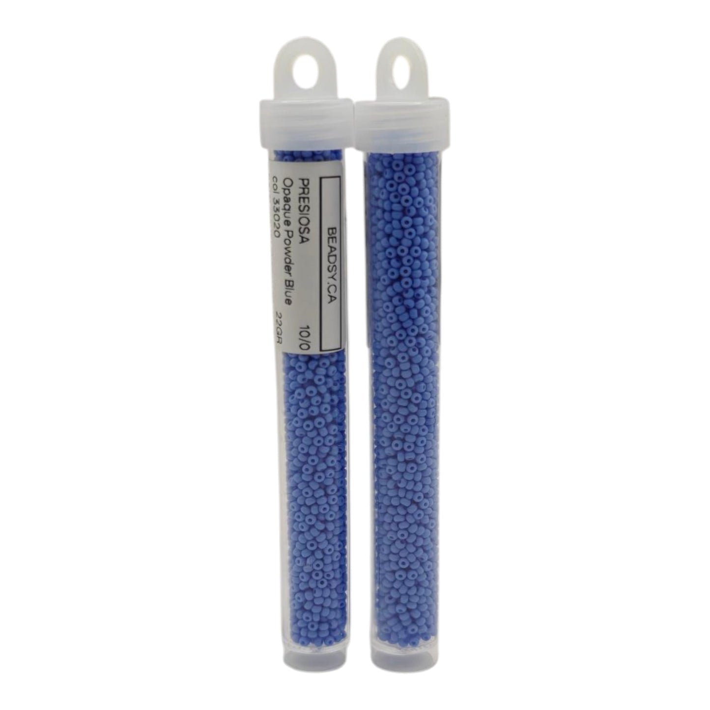 Tubes of Preciosa 10/0 opaque powder blue Czech seed beads colour 33020