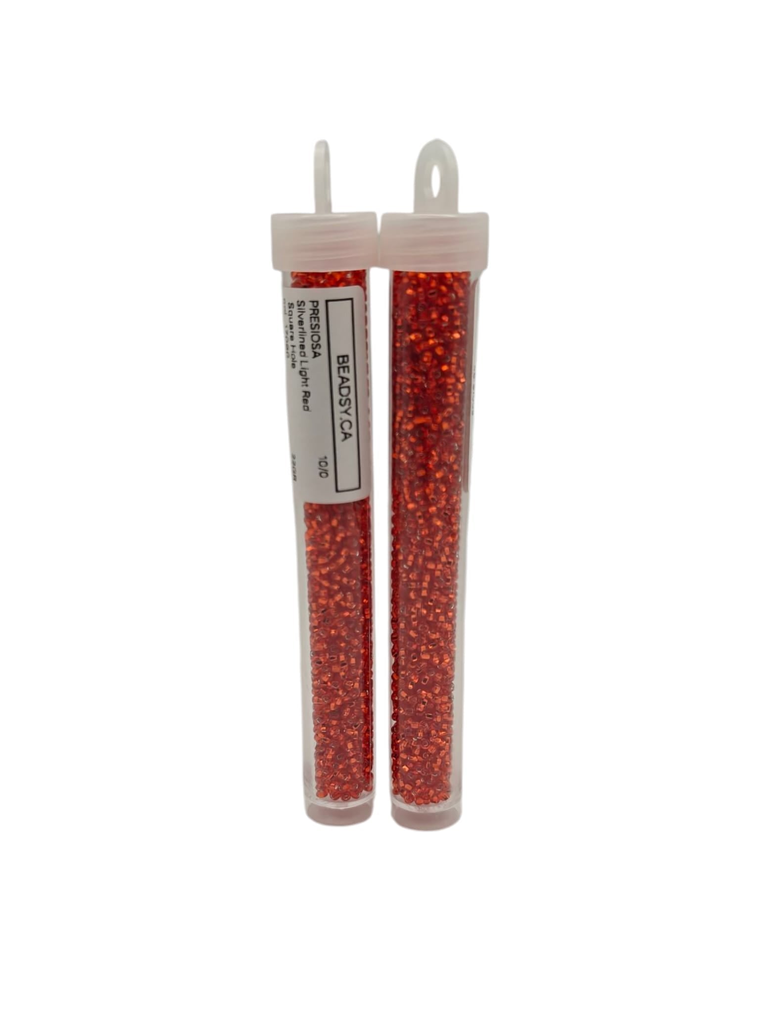 Tubes of Preciosa 10/0 silverlined light red square-hole seed beads, code 97050