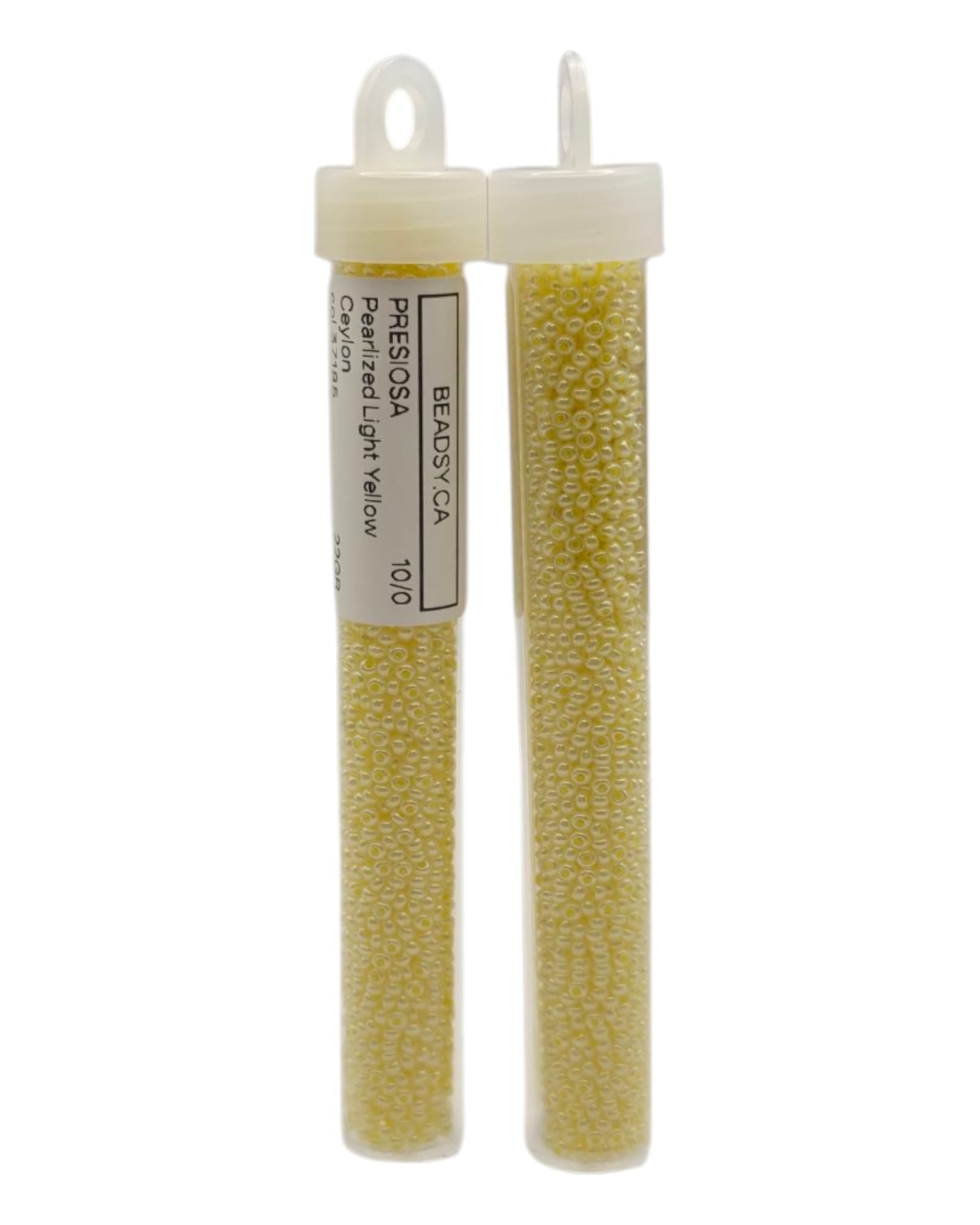 Tubes of Preciosa Czech 10/0 Pearlized Light Yellow Ceylon seed beads (37185), product packaging