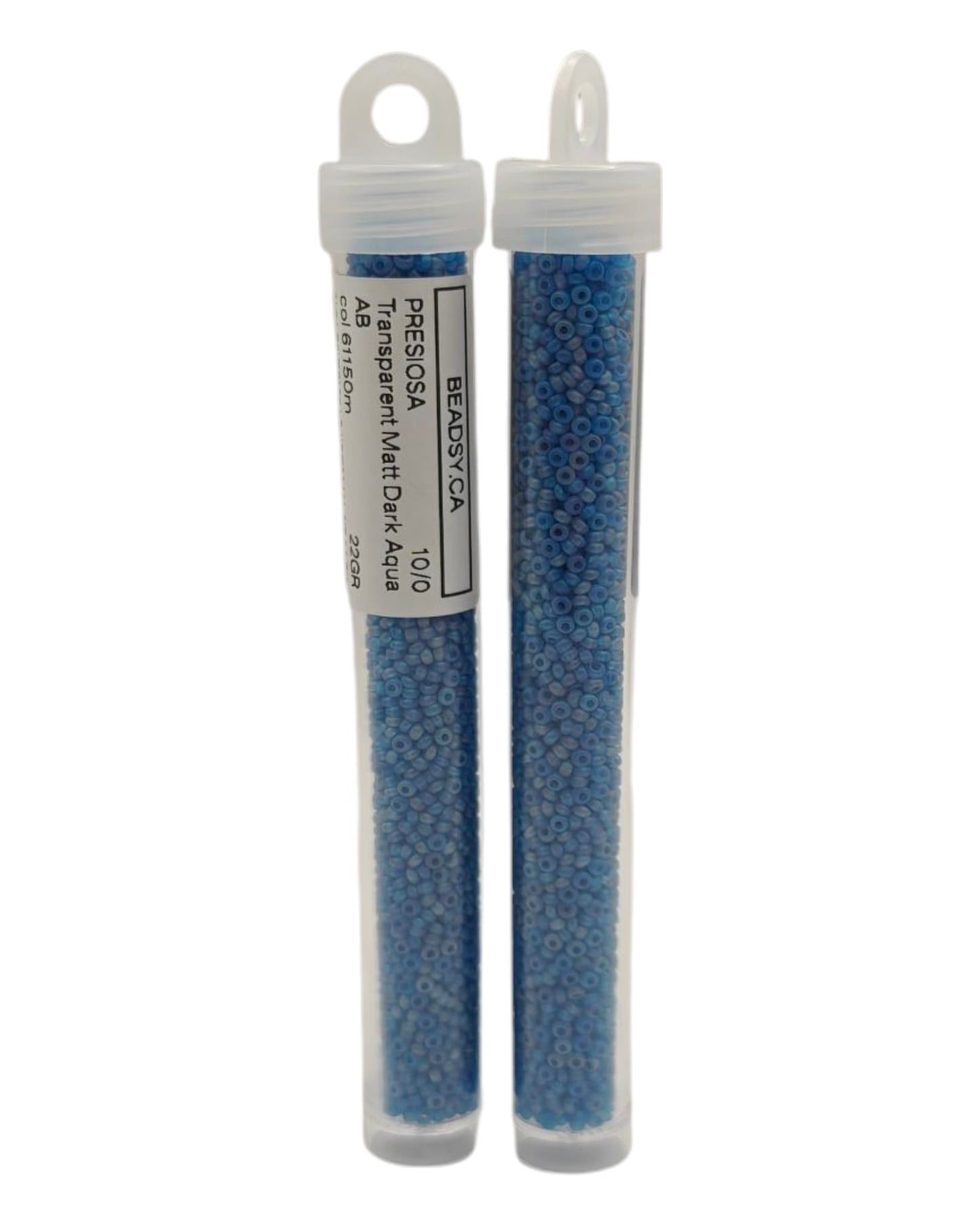 Two 22 g tubes of Preciosa Ornela 10/0 Transparent Matte Dark Aqua AB seed beads, code 61150m — Beadsy.ca packaging front and back.