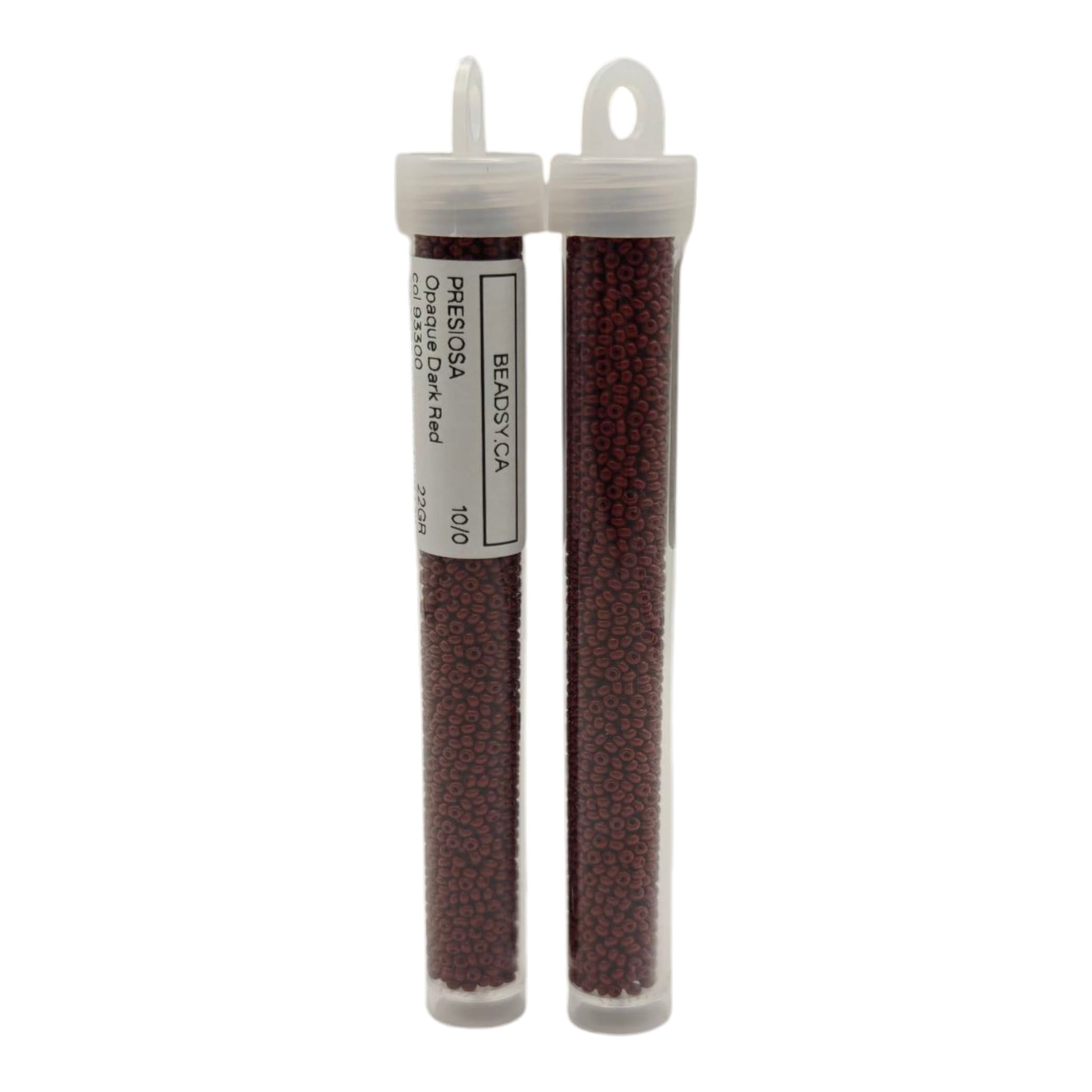 Two clear tubes filled with Preciosa 10/0 opaque dark red Czech seed beads 93300 from Beadsy.ca