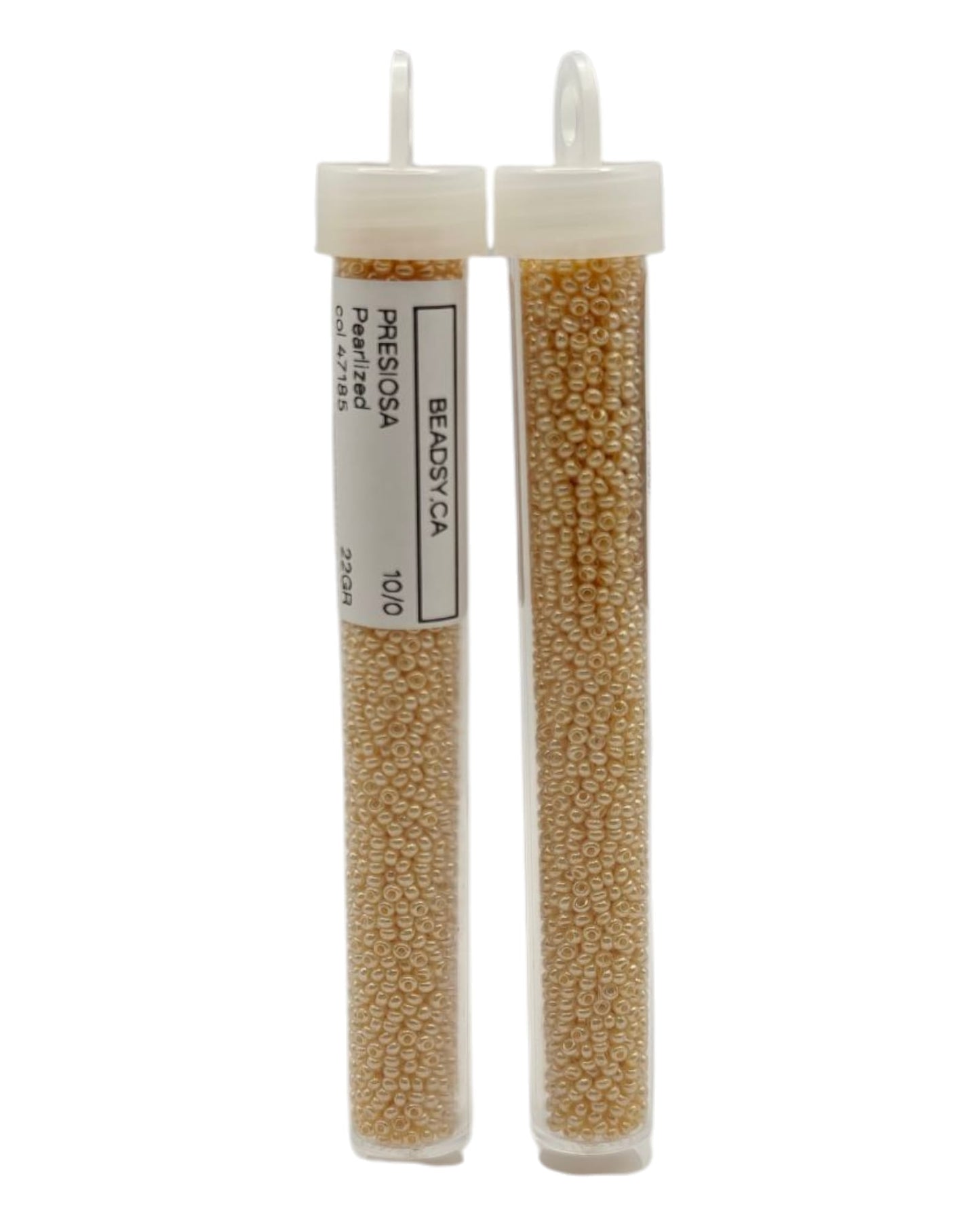 Two clear tubes filled with Preciosa 10/0 pearlized champagne shell seed beads, code 47185