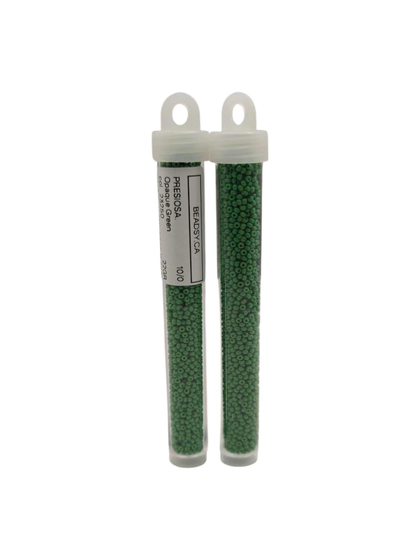 Two clear tubes of Preciosa 10/0 Opaque Green 53250 Czech seed beads with hang tabs