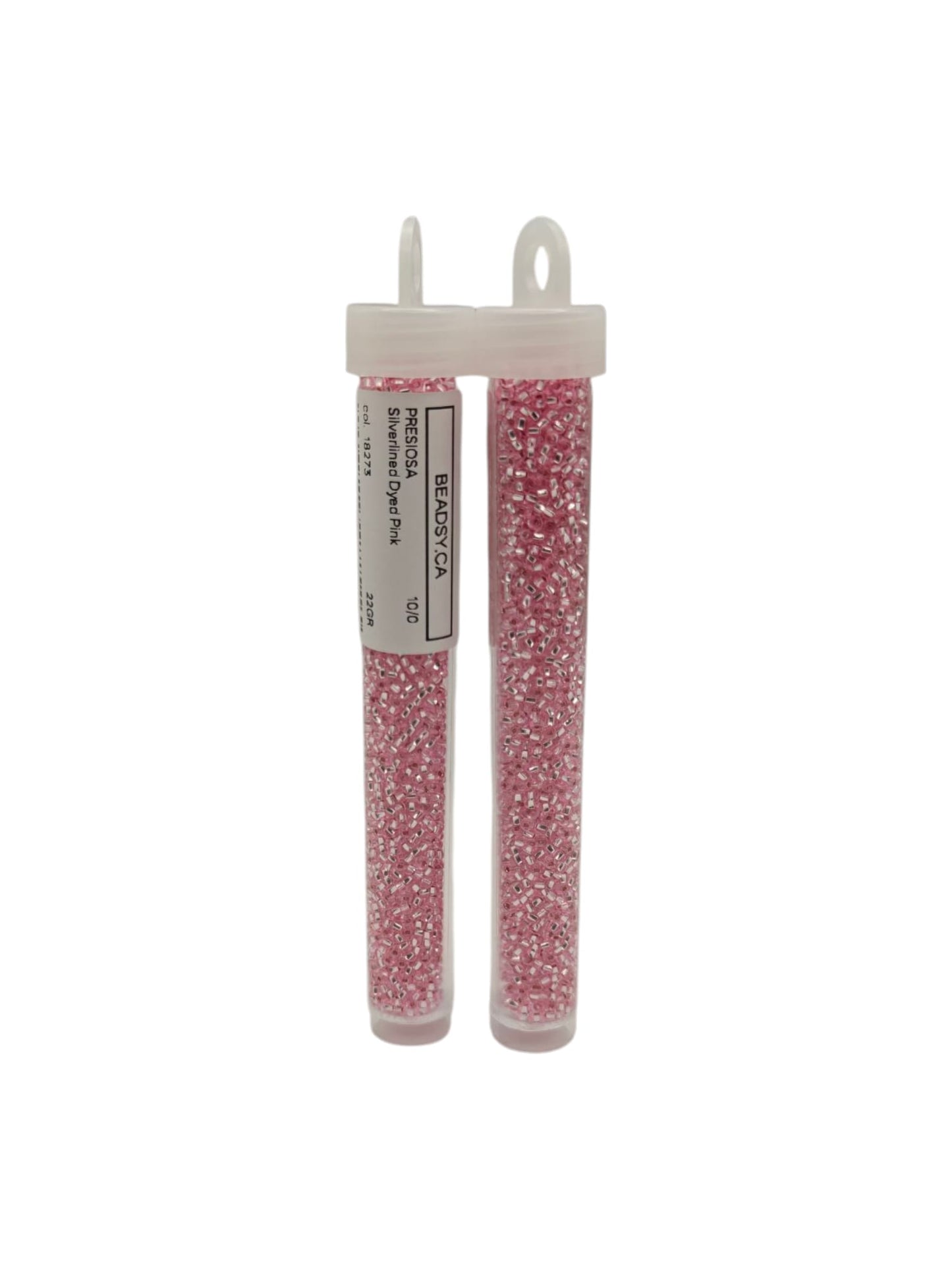 Two clear tubes of Preciosa 10/0 Silverlined Dyed Pink seed beads 18273 for beading projects