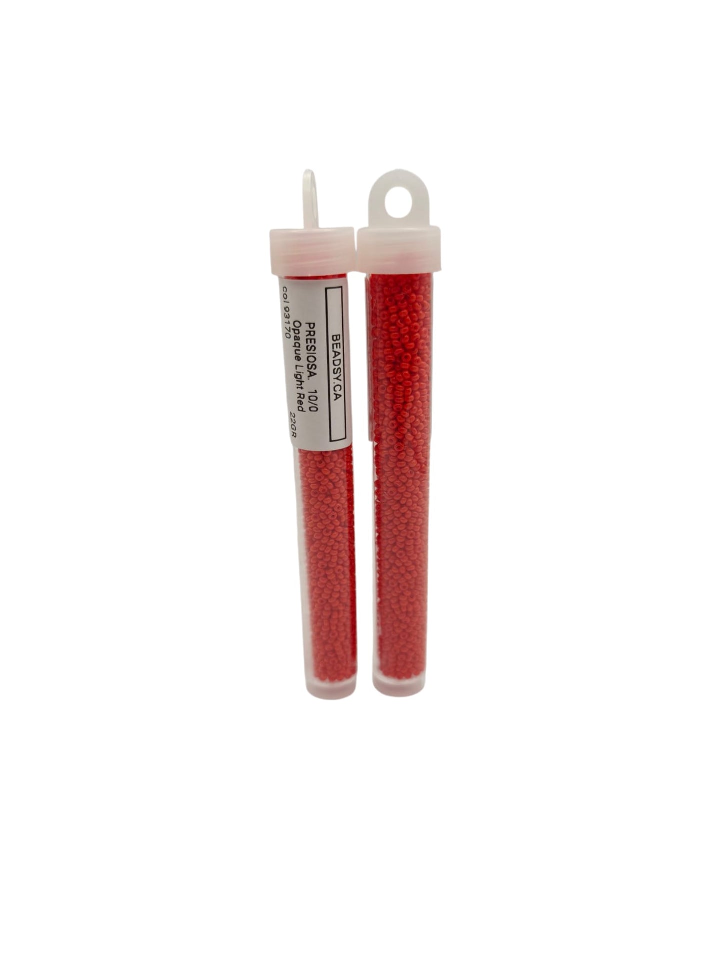 Two labeled tubes of opaque light red Preciosa 10/0 seed beads made in Czech Republic
