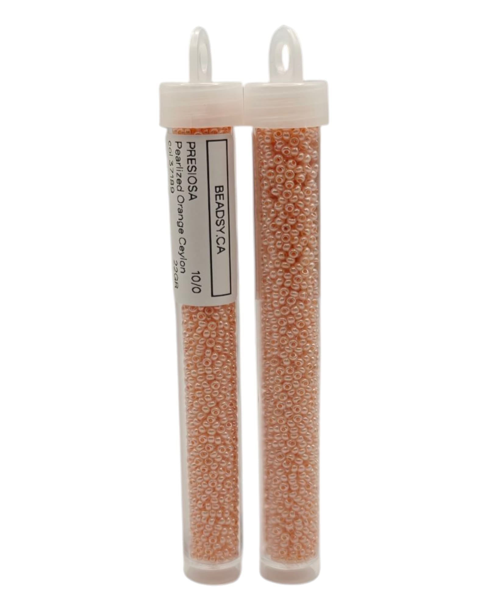 Two labeled tubes of Preciosa 10/0 Pearlized Orange Ceylon seed beads, code 37189