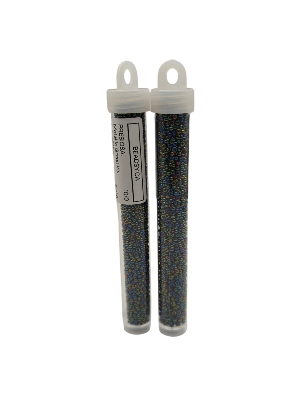 Two labeled tubes of Preciosa 10/0 seed beads, Metallic Green Iris (59155) — Czech glass beads for jewelry, embroidery and bead weaving