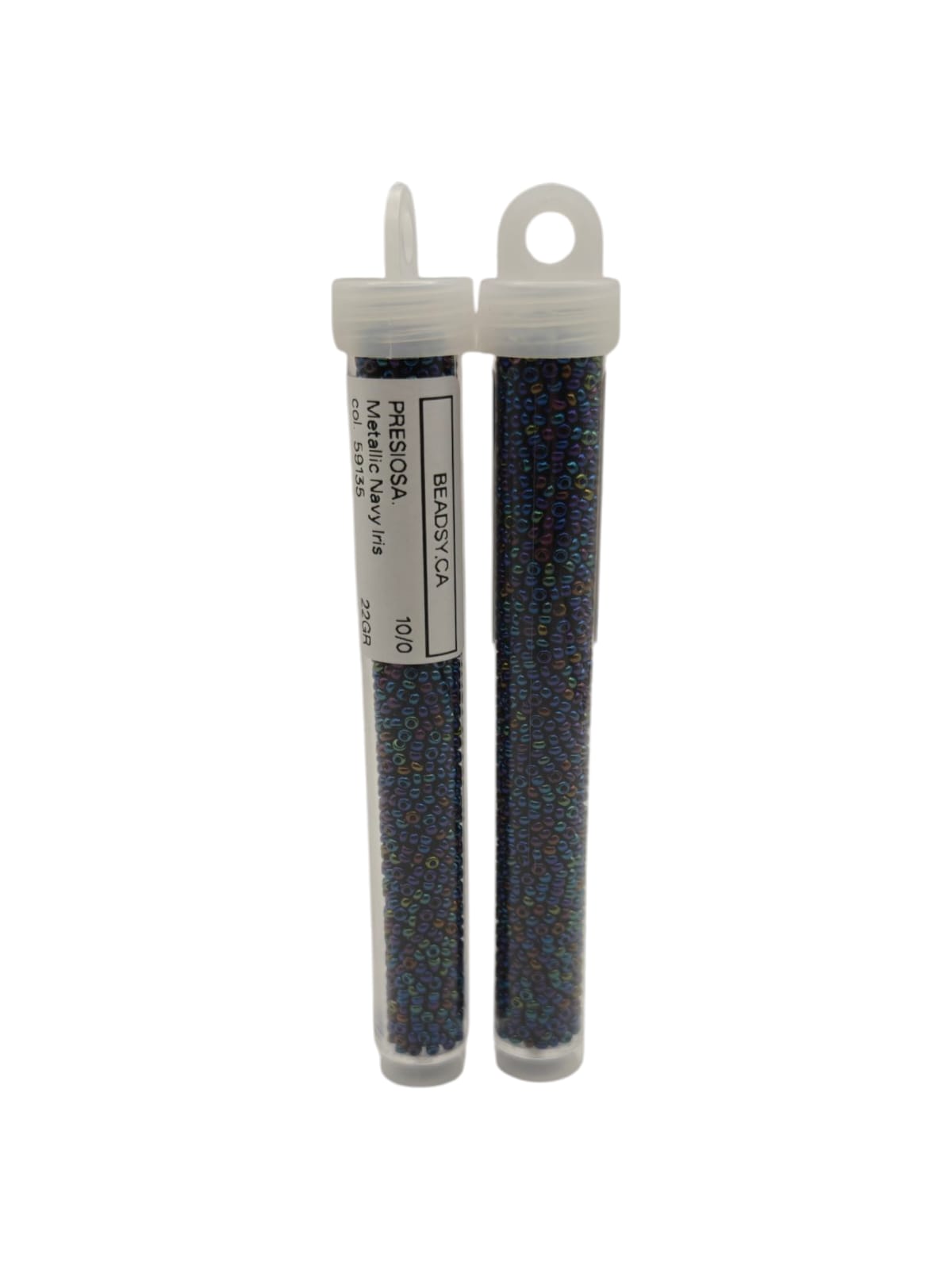 Two labeled tubes of Preciosa 10/0 seed beads Metallic Navy Iris (59135) — Czech glass beads for jewelry, embroidery and bead weaving