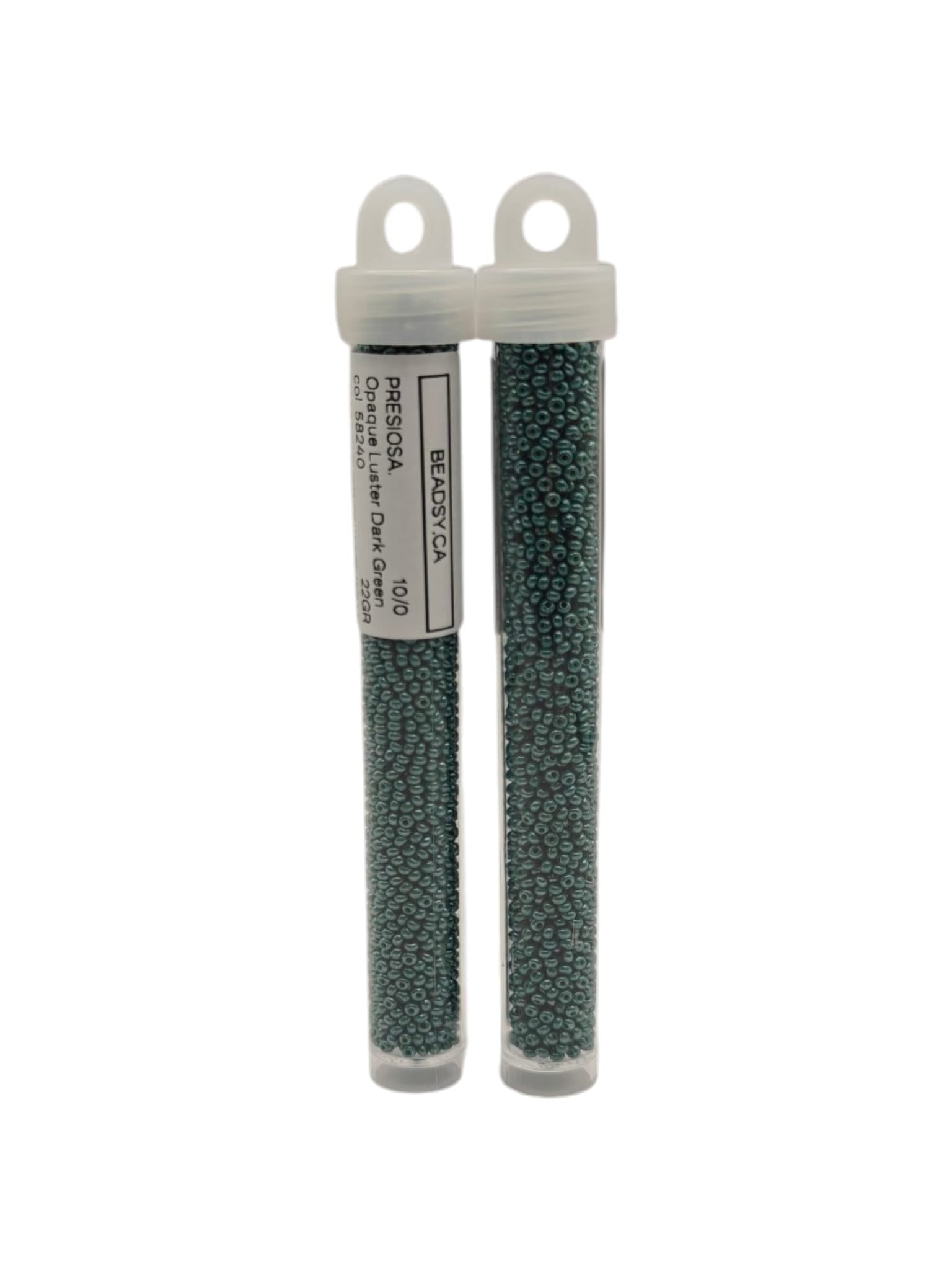 Two labeled tubes of Preciosa 10/0 seed beads, Opaque Luster Dark Green (58240) — Czech glass beads for jewelry, embroidery and bead weaving.
