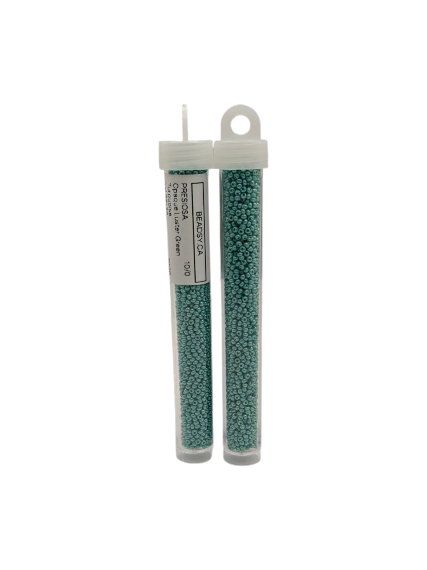 Two labeled tubes of Preciosa 10/0 seed beads, Opaque Luster Green Turquoise (68130) — Czech glass beads for jewelry, embroidery and bead weaving