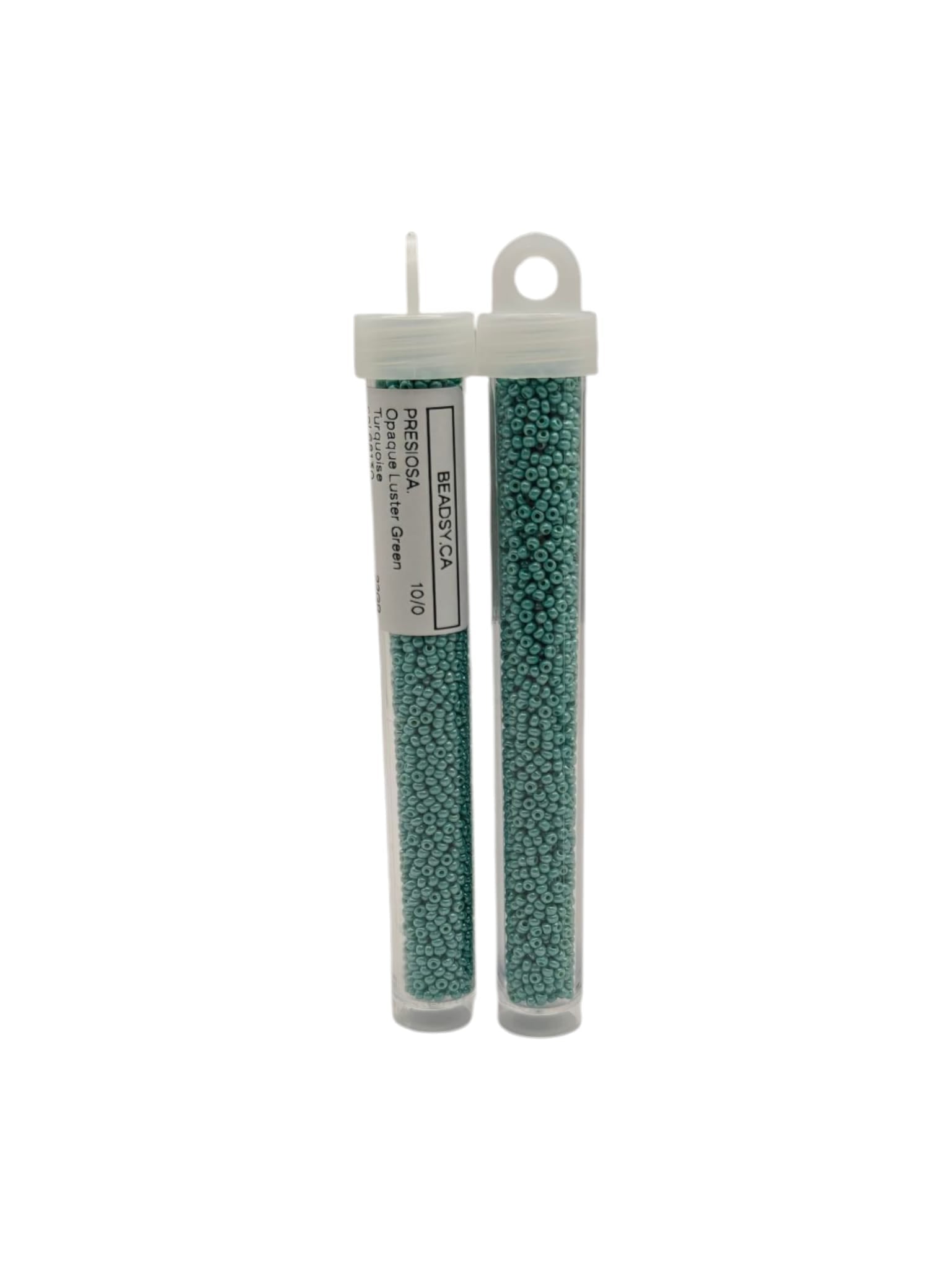 Two labeled tubes of Preciosa 10/0 seed beads, Opaque Luster Green Turquoise (68130) — Czech glass beads for jewelry, embroidery and bead weaving
