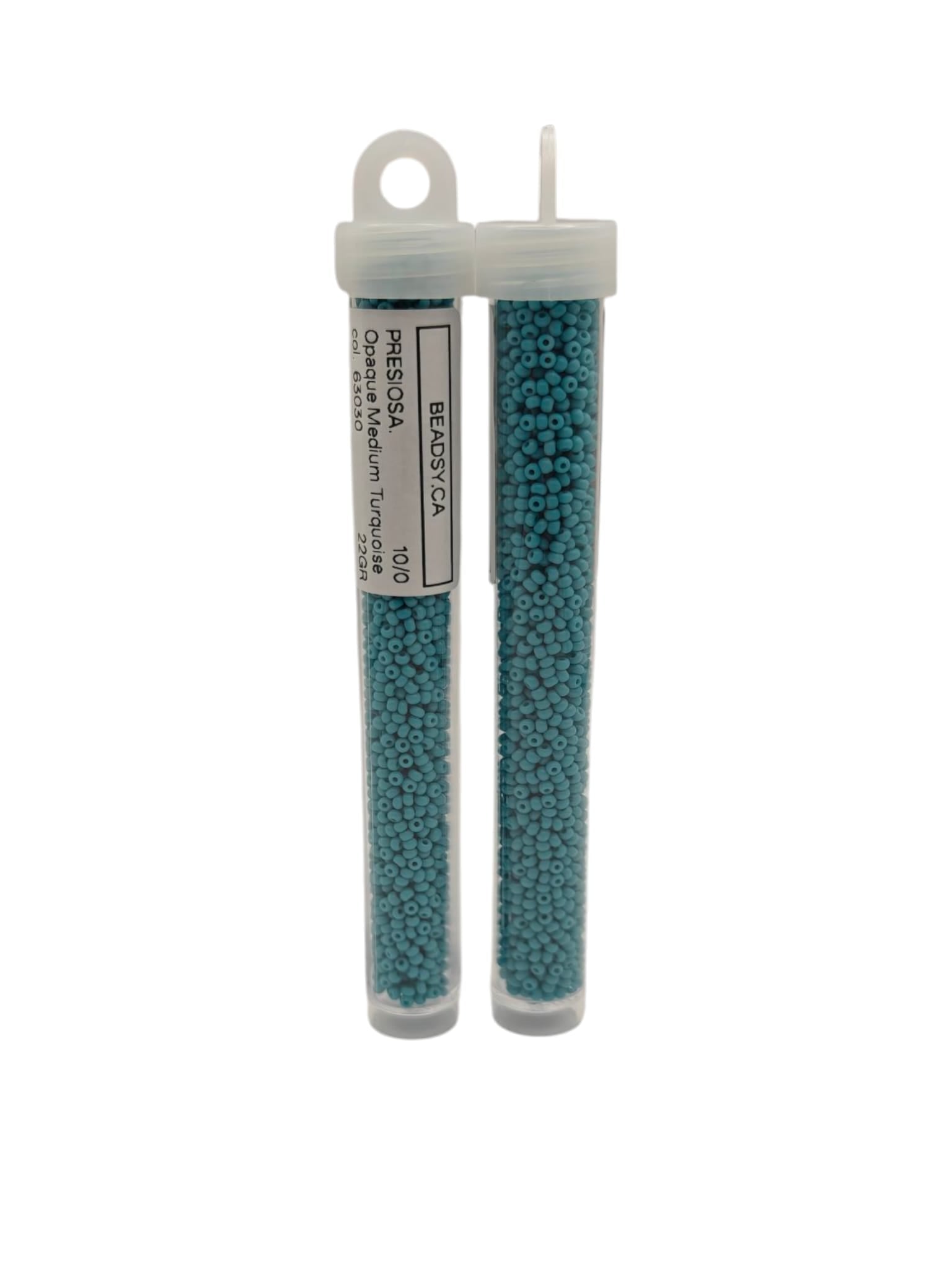 Two labeled tubes of Preciosa 10/0 seed beads, Opaque Medium Turquoise (63030) — Czech glass beads for jewelry, embroidery and bead weaving.