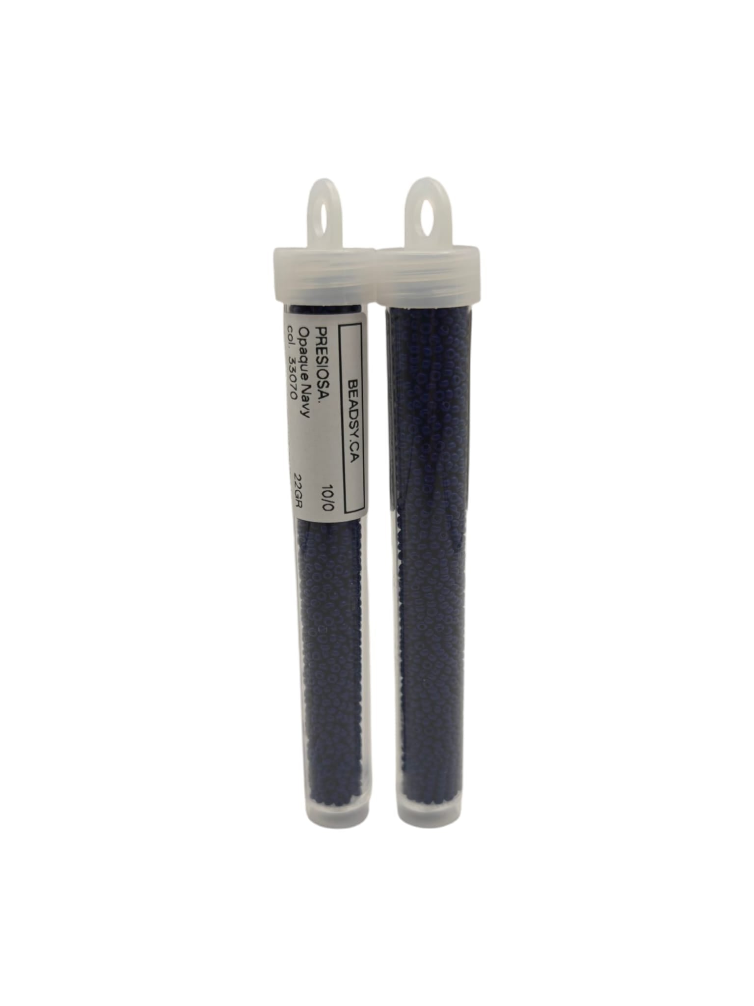 Two labeled tubes of Preciosa 10/0 seed beads, Opaque Navy (33070) — Czech glass beads for jewelry, embroidery and bead weaving.