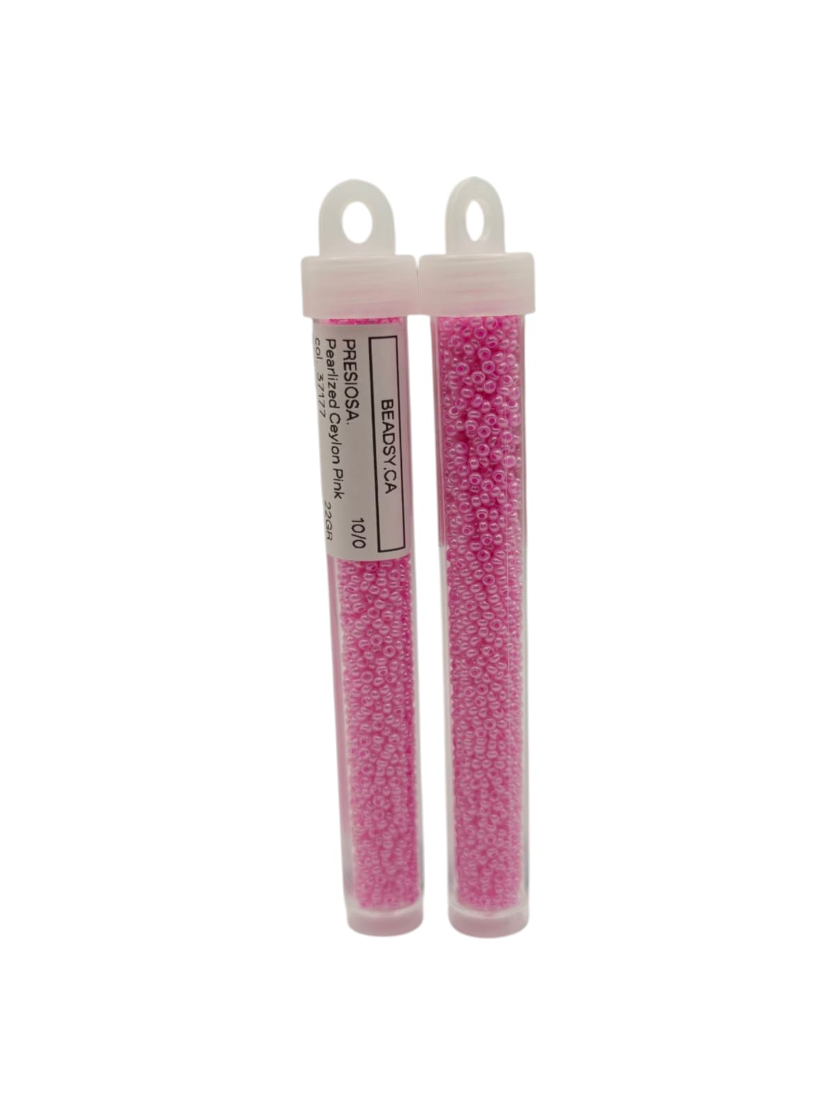 Two labeled tubes of Preciosa 10/0 seed beads, Pearlized Ceylon Pink (37177) — Czech glass beads for jewelry, embroidery and bead weaving.