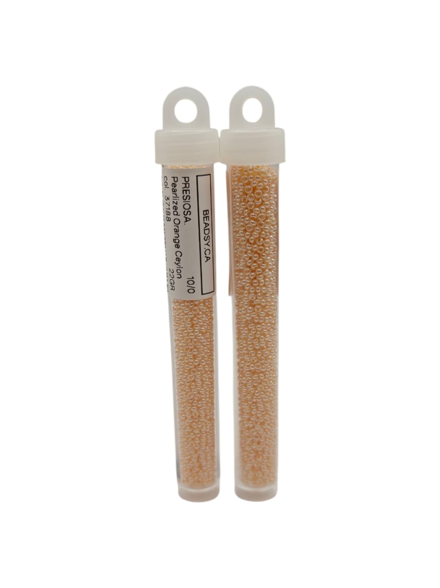 Two labeled tubes of Preciosa 10/0 seed beads, Pearlized Orange Ceylon (37188) — Czech glass beads for jewelry, embroidery and bead weaving.